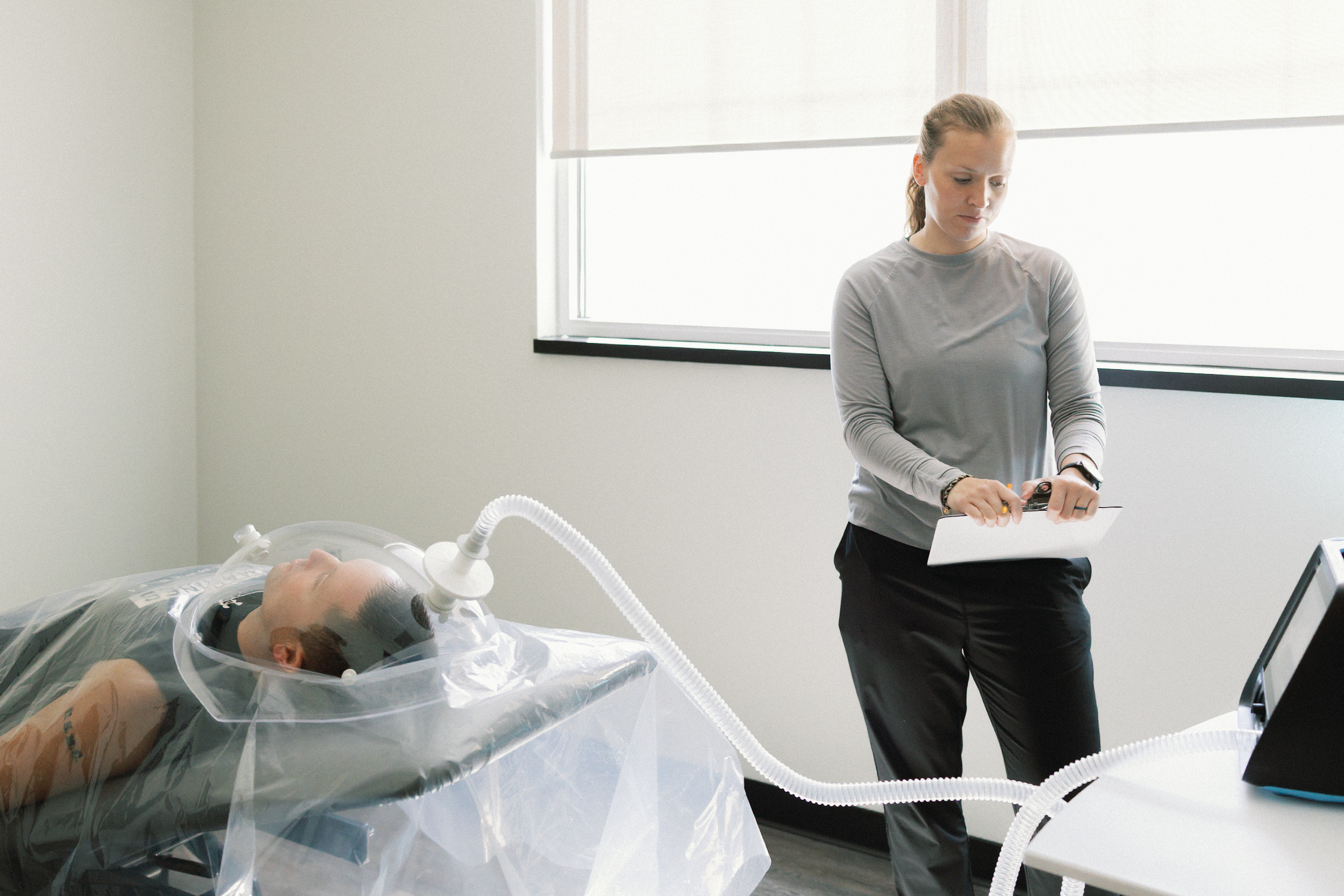 Resting Metabolic Rate (RMR) Testing at Proximal50 Person completing a Resting Metabolic Rate (RMR) assessment at Proximal50 in Bismarck, ND to measure resting metabolism and calorie expenditure.